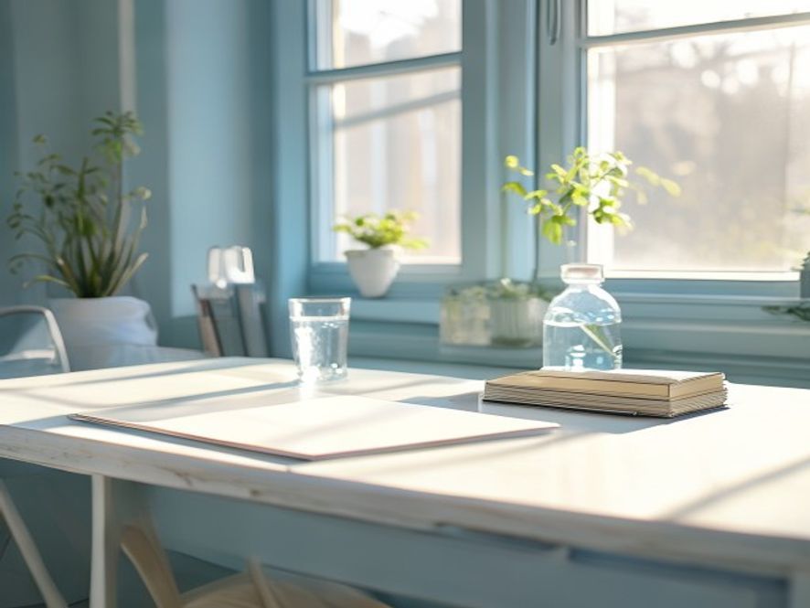 Energised morning space Bright morning workspace with natural light and notepad