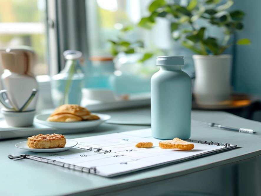 Calm midday workspace with break time indicators and hydration